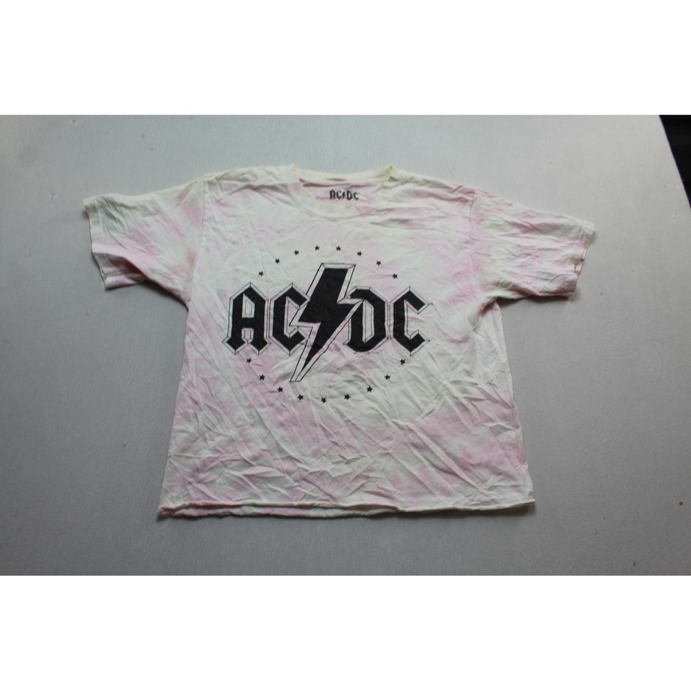 ACDC Graphic Tee Women Medium Pink Good Tie Dye Cropped Raw Hem Short Sleeve